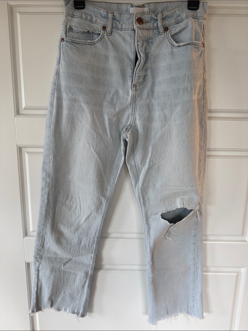 LOFT Light Blue Straight Jeans with Distressed Knee